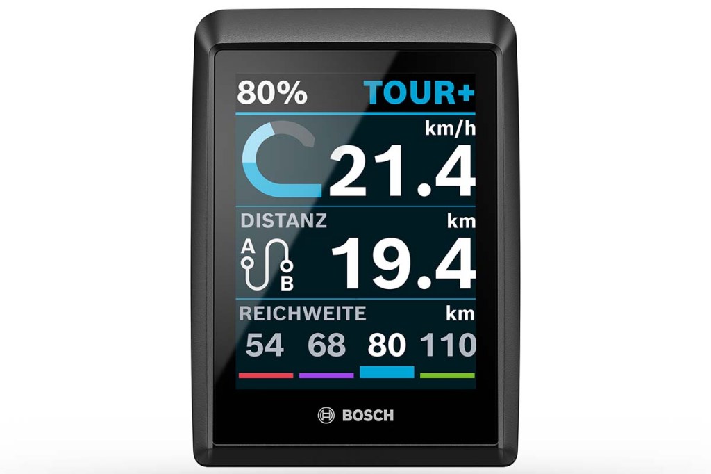 Bosch Kiox Display, zeigt km/h, Strecke und Restreichweite an