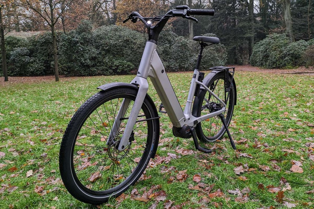 weißes E-Bike auf einer Wiese stehend