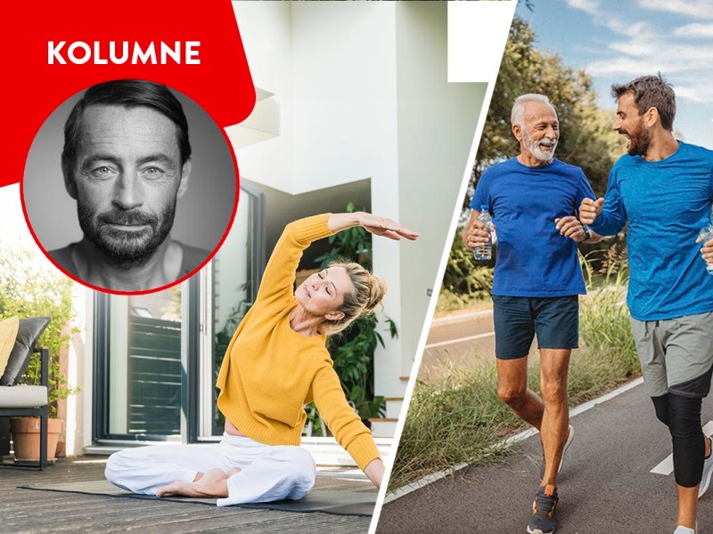Zwei joggende Männer und eine yoga-machende Frau unter dem Portrait des Kullumnisten.