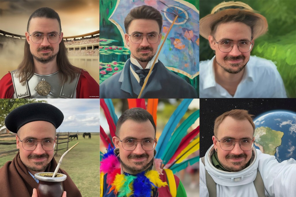Sechs Bilder von Google Art Selfie 2 in unterschiedlichen Varianten bearbeitet.