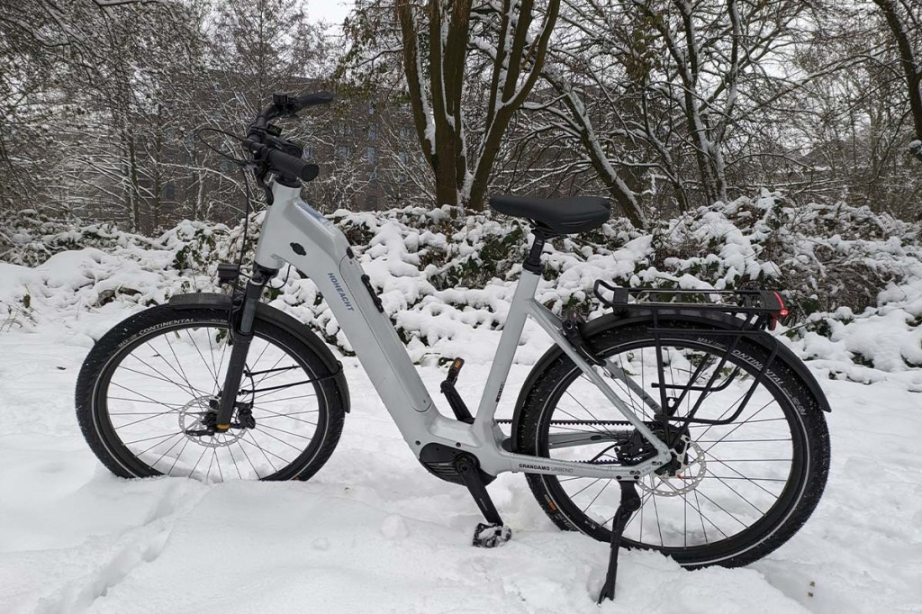 weißes E-Bike in winterlicher Landschaft