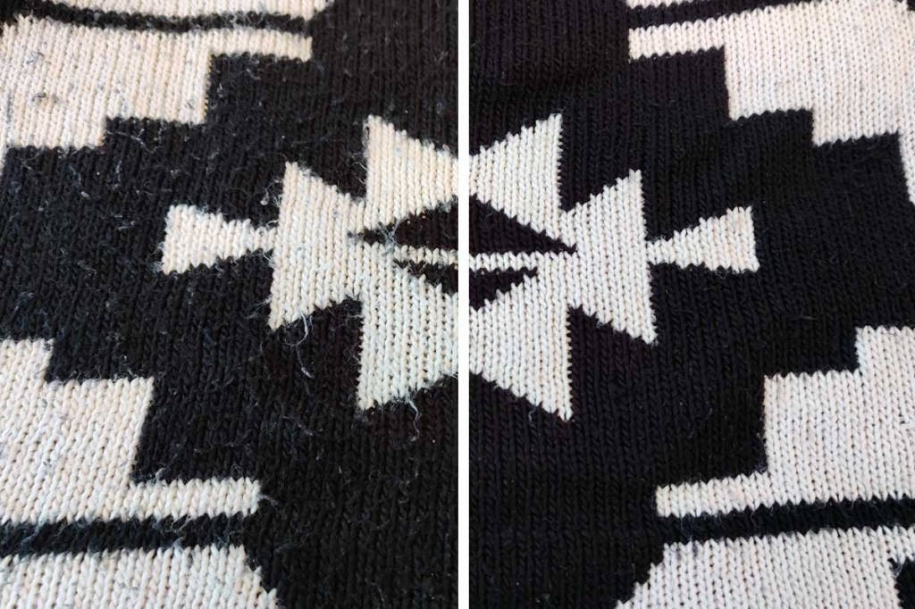 Ein Vorher-Nachher-Vergleich eines schwarz-weiß-gemusterten Pullovers: links mit Pilling, rechts nach dem Fusselrasieren.