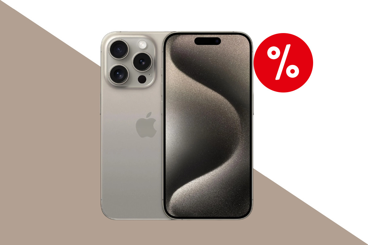 iPhone 15 Pro in silber-braun von vorne und hinten mit silbern goldenem Bildschirmbild auf weiß ockernem Hintergrund mit rotem Prozentbutton oben rechts