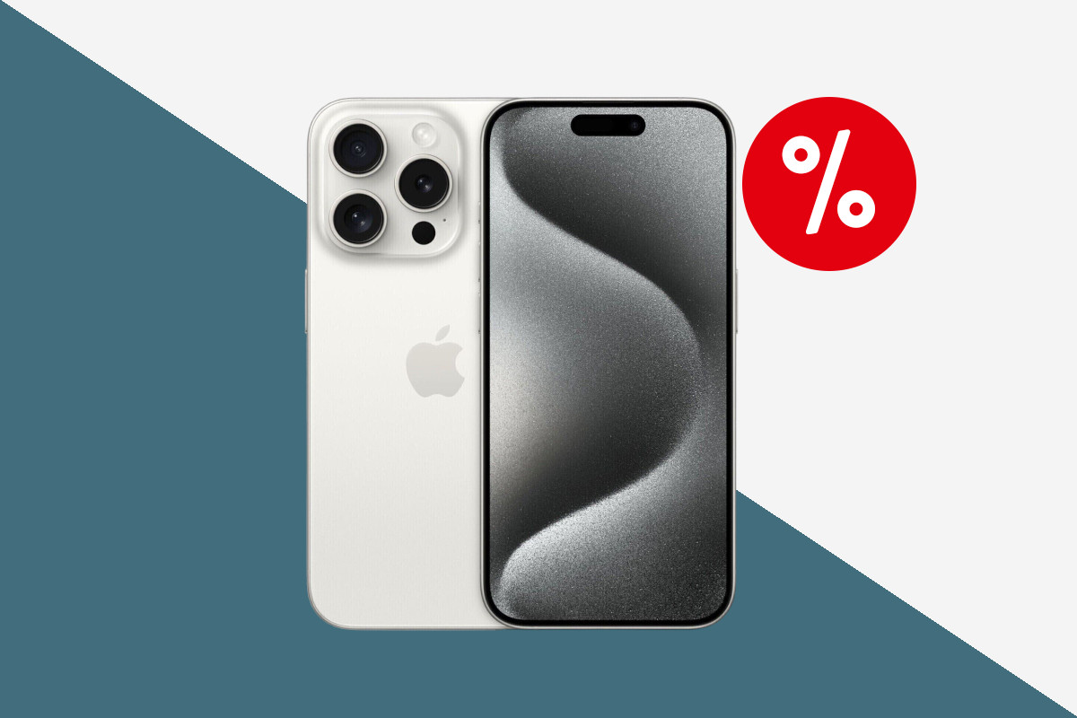 Weißes iPhone 15 Pro Max von hinten und vorne mit silbernem Bildschirm vor weiß türkisem Hintergrund mit rotem Prozentbutton oben rechts
