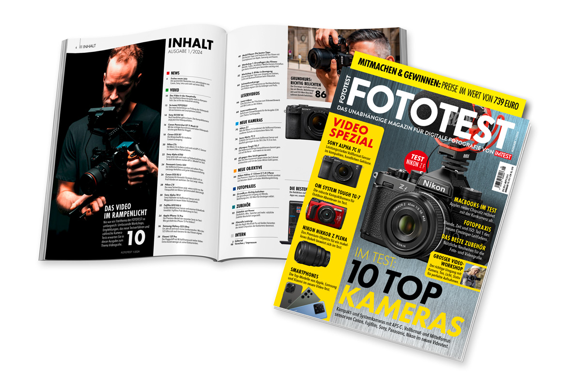 Die neue Fototest 1/24 aufgeschlagen und mit Cover, das vor allem die Nikon Z f in groß zeigt.