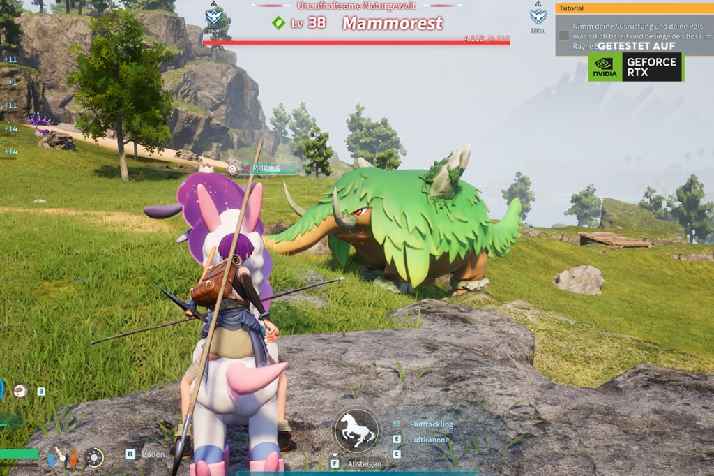 Screenshot aus dem Spiel Palworld. In der Mitte ist ein großes, elefantenähnliches Tier mit grünem Bewuchs zu sehen.