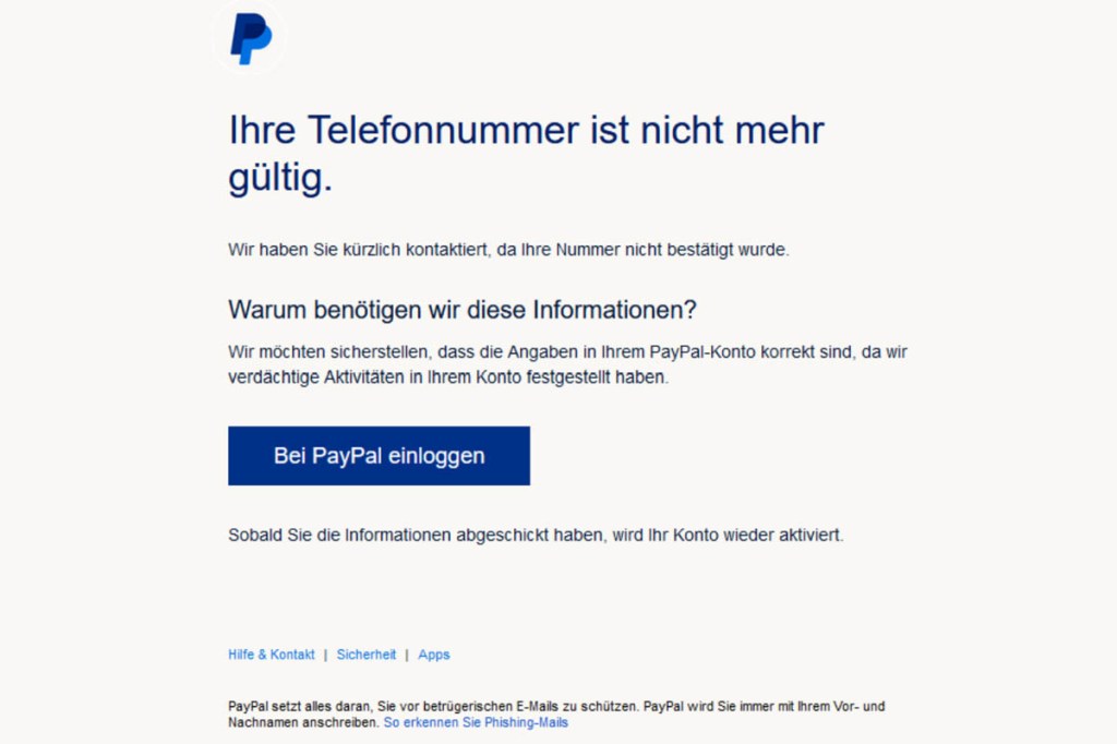 Screenshot einer PayPal-Phishing-Mail
