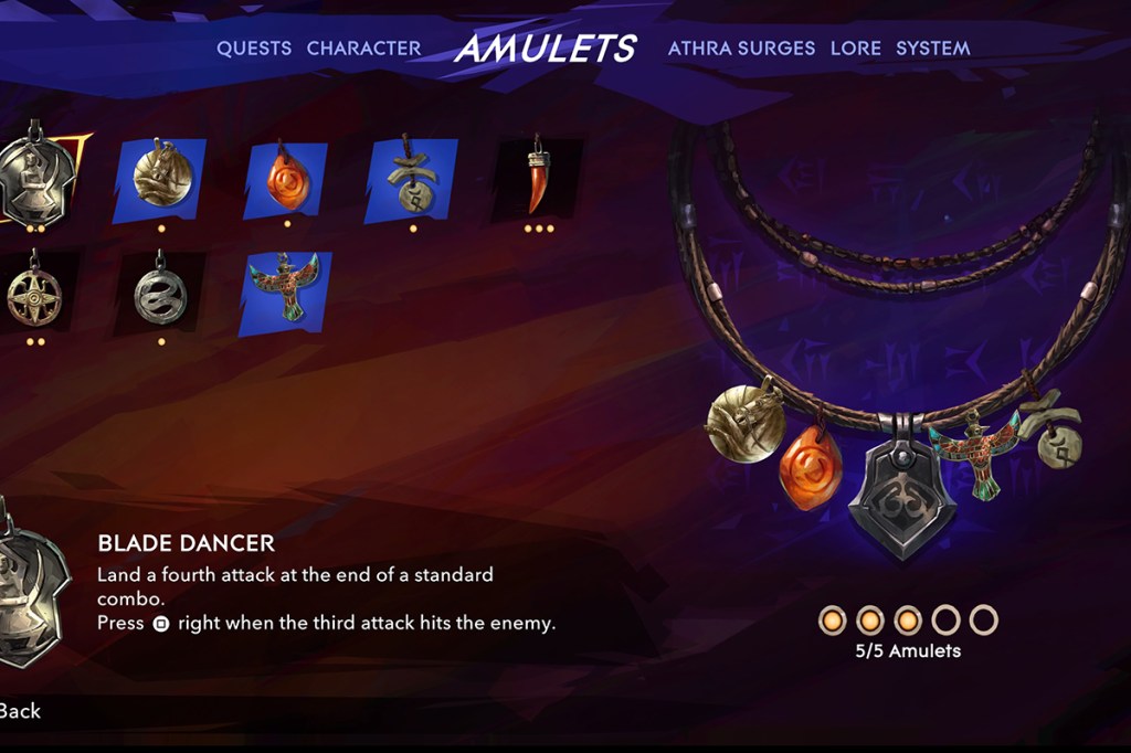 Das Ausrüstungs-Menü von Prince Of Persia: The Lost Crown. Rechts die Halskette mit Amuletten, links die Auswahl.