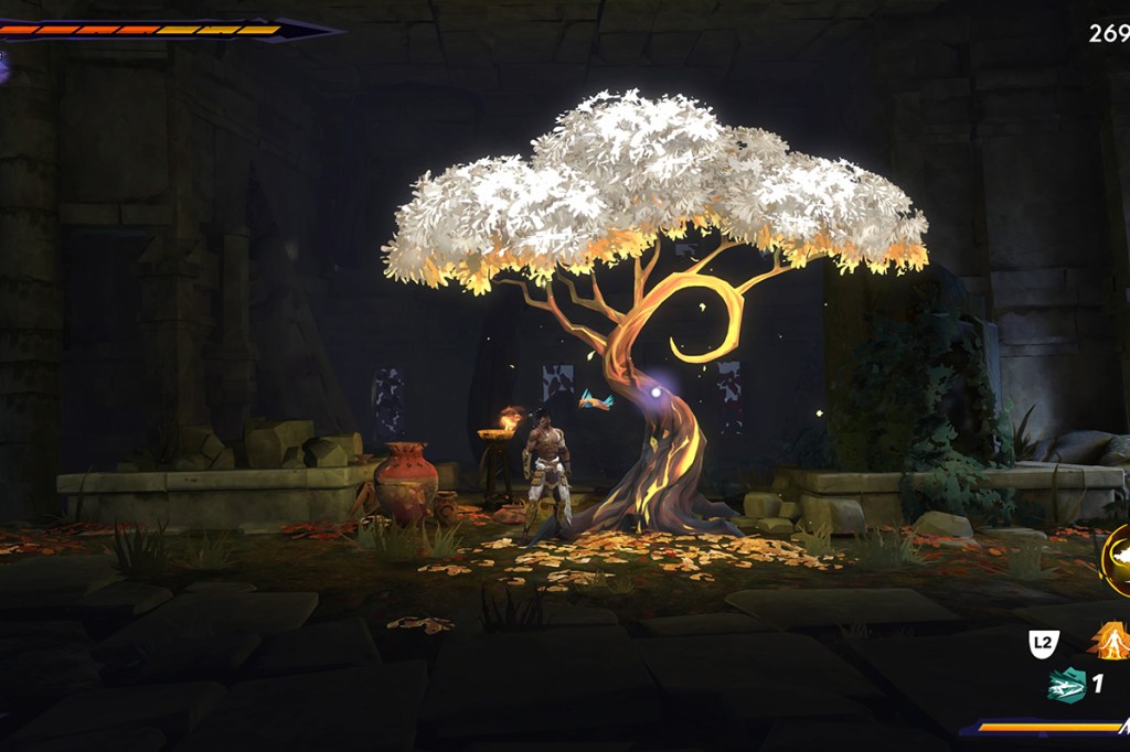 Screenshot aus Prince of Persia: The Lost Crown. Die Spielfigur steht links neben einem goldenen Baum mit weißer Krone.