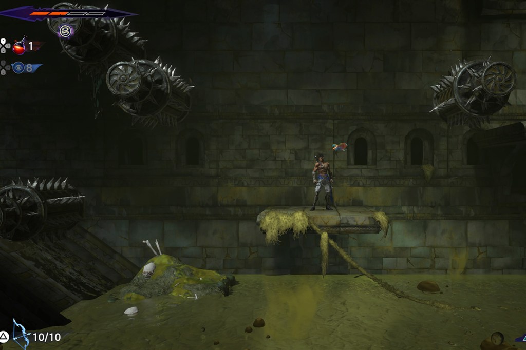 Screenshot aus Prince of Persia: The Lost Crown. Die Spielfigur steht auf einer Plattform, oben drehende Stachelwalzen, unten grünes Abwasser.