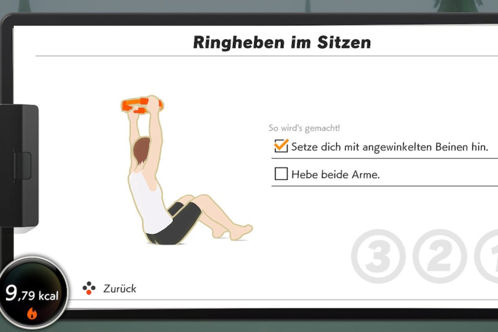 Screenshot aus dem Spiel Ring Fit Adventure, man sieht das Tutorial für eine Fitness-Übung.