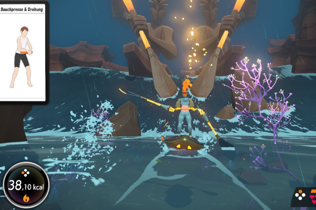 Screenshot aus dem Spiel Ring Fit Adventure, man sieht eine Frau bei einer Bootsfahrt.