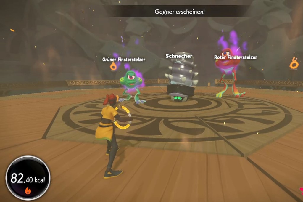Screenshot aus dem Spiel Ring Fit Adventure, man sieht einen Kampf in einer Arena.