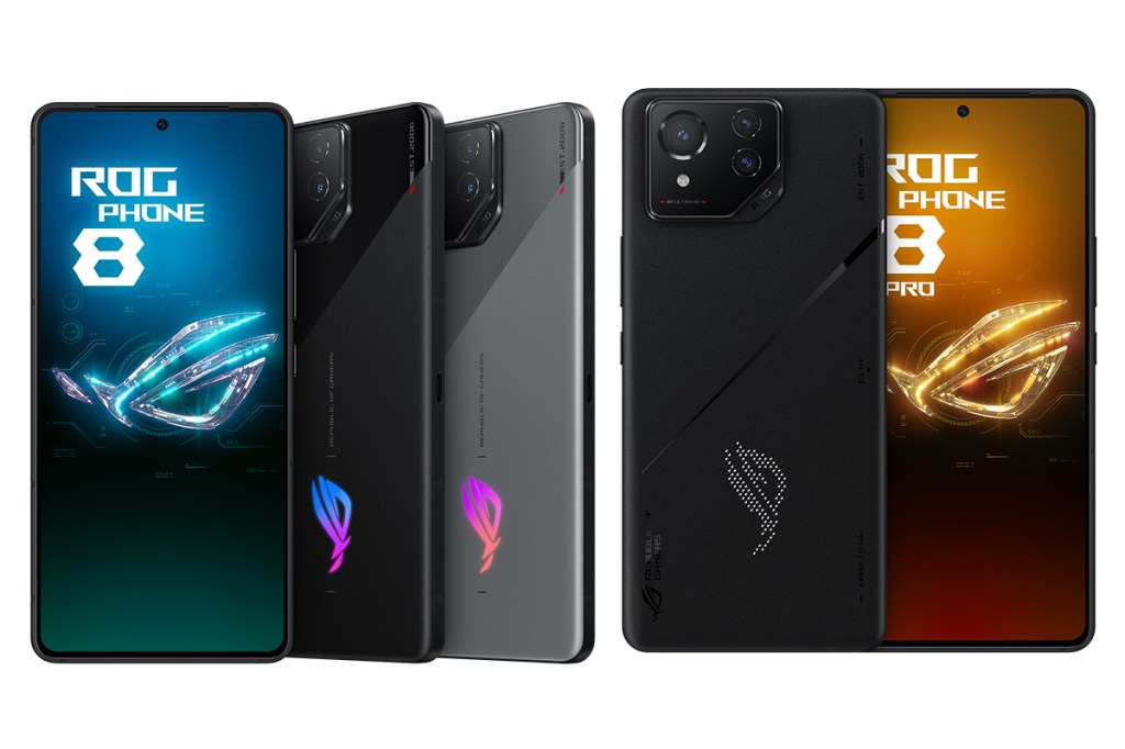 Das Gaming-Smartphone ROG Phone 8 und Rog Phone 8 Pro nebeneinander von vorne und hinten abgebildet.