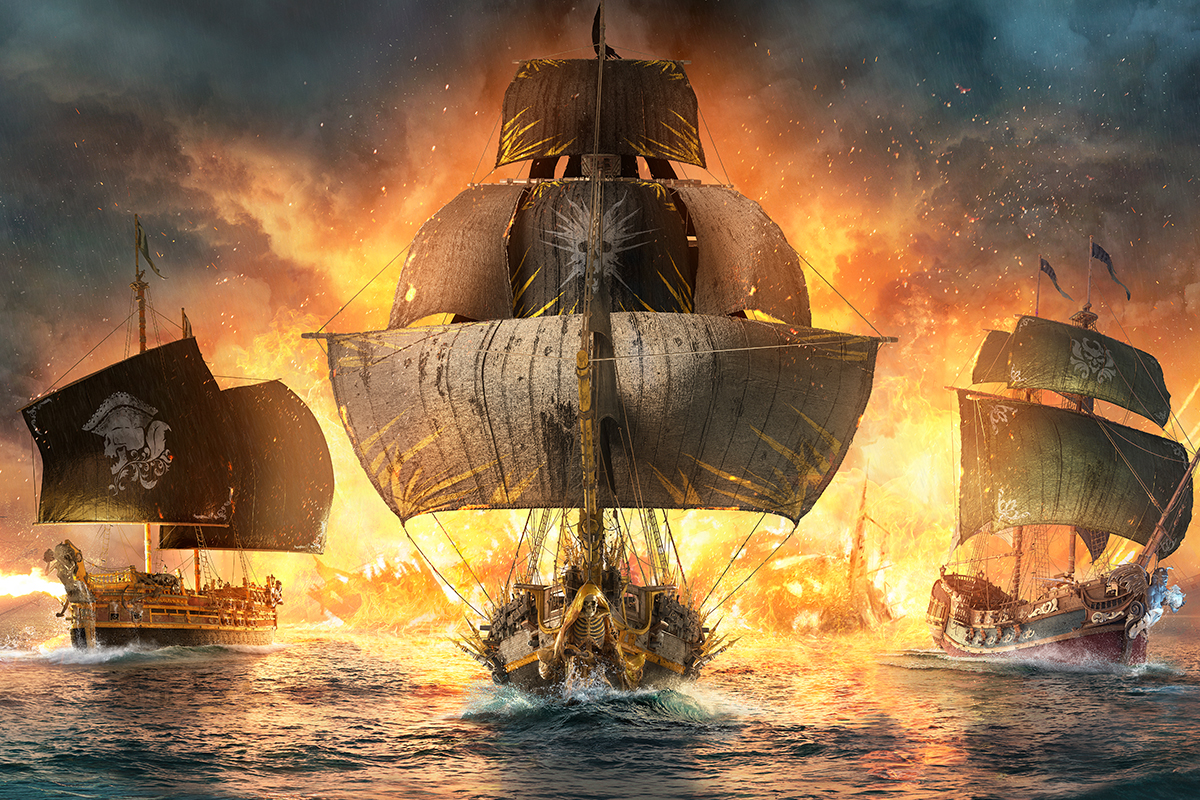 Das Titelbild von Skull & Bones, drei Piratenschiffe fahren auf den Betrachter zu, im Hintergrund brennende Wracks.