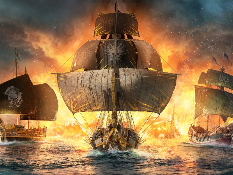Das Titelbild von Skull & Bones, drei Piratenschiffe fahren auf den Betrachter zu, im Hintergrund brennende Wracks.