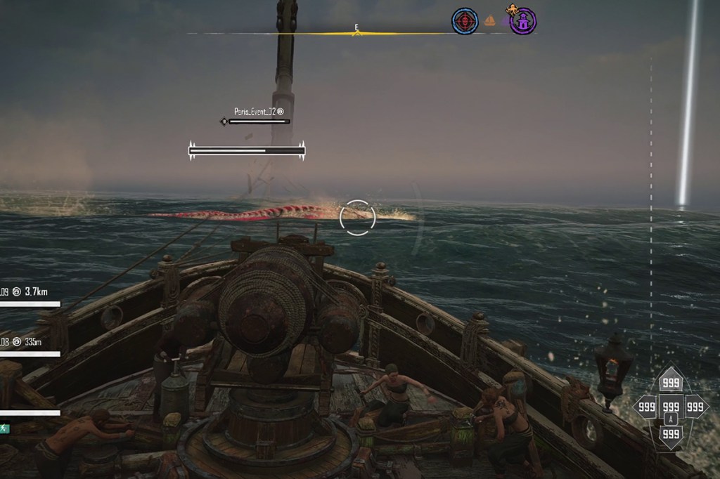 Screenshot aus dem Spiel Skull & Bones, der Spieler zielt auf ein großes Seemonster, das aussieht wie ein weißes Krokodil mit roten Rückenmarkierungen.