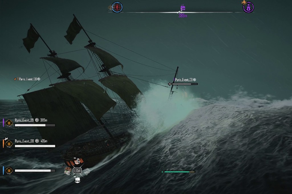 Screenshot aus dem Spiel Skull & Bones. Der Spieler fährt in eine große Welle in einem Sturm.