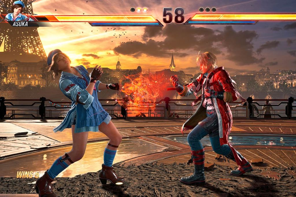 Ein Bild aus dem Videospiel Tekken 8, es zeigt zwei junge Menschen bei Kampf in Paris.