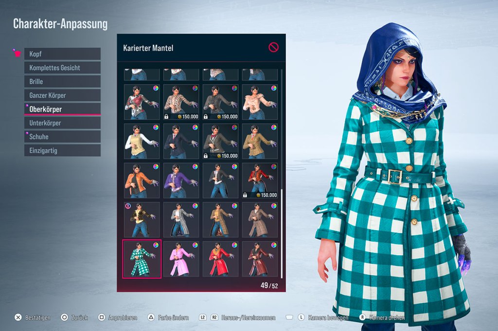 Ein Bild aus dem Videospiel Tekken 8, es zeigt eine Frau im Charaktereditor, die einen grünen Mantel trägt.