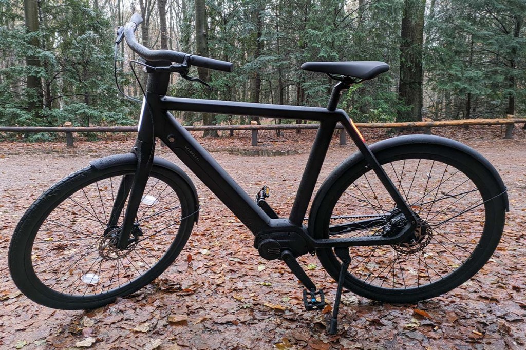 schwarzes E-Bike in einem Wald stehend von der Seite