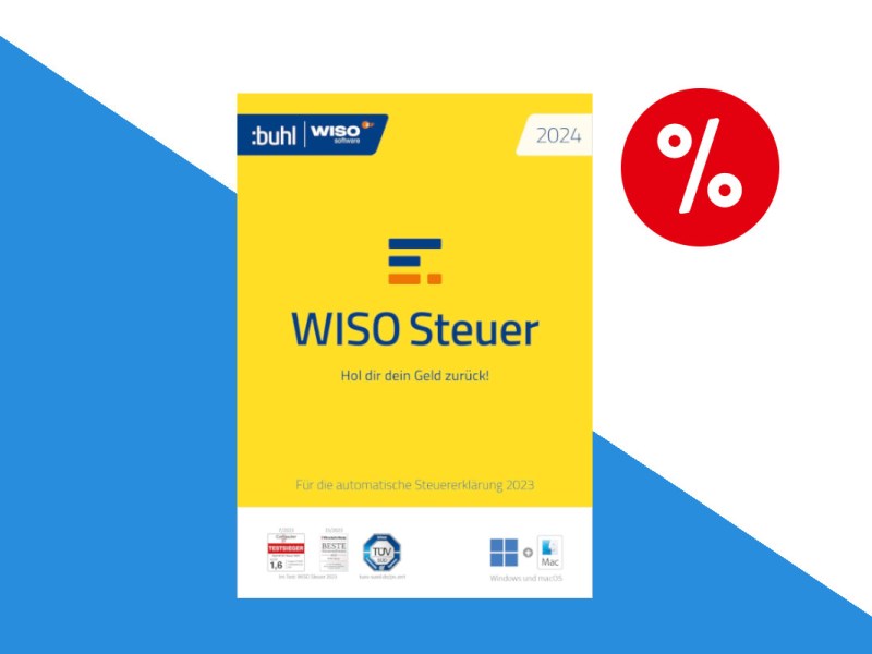 WISO Steuerprogramm hochkant-Bild von Karton in gelb weiß auf blau weißem Hintergrund mit rotem Prozentbutton oben rechts