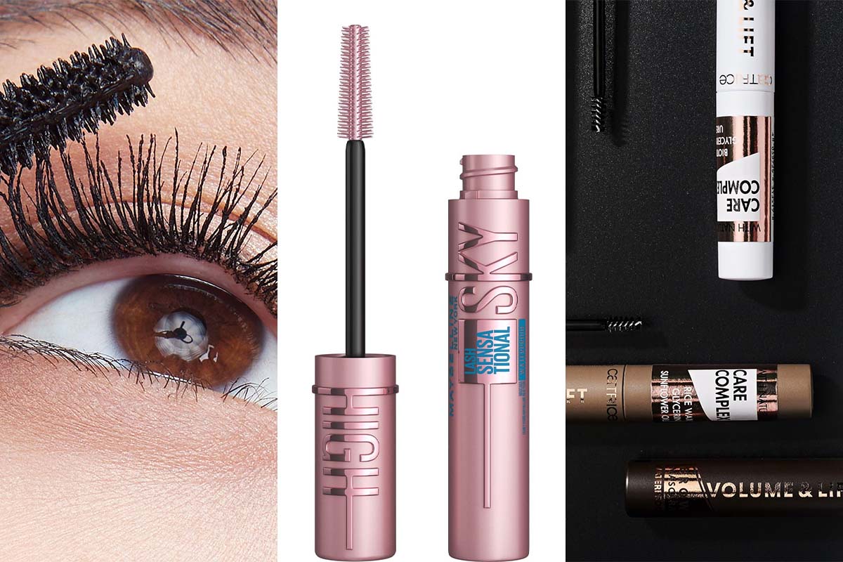 Dreigeteiltes Bild, links Nahaufnahme Auge mit Mascara, rechts und mitte Productshots Mascara