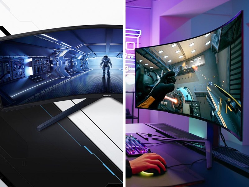 Curved Monitore auf einem zweigeteiltem Bild.