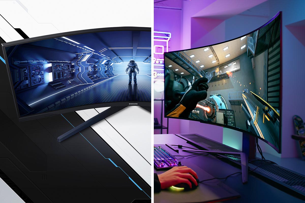 Curved Monitore auf einem zweigeteiltem Bild.