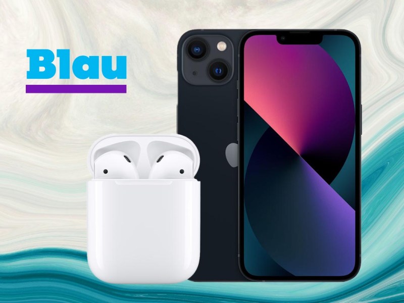 Apple iPhone 13 mit AirPods vor buntem Hintergrund