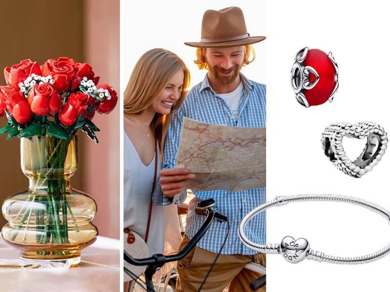 Geschenkideen zum Valentinstag auf einem dreigeteiltem Bild.