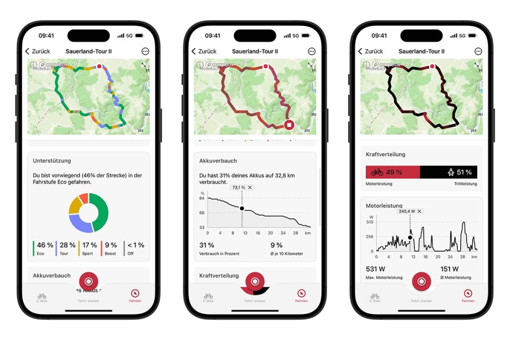 Drei Smartphones nebeneinander, die Daten aus der Brose-App bzgl. Radtouren anzeigen