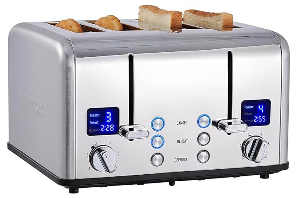 Edelstahl-Vier-Scheiben-Toaster mit Brot und Brötchen