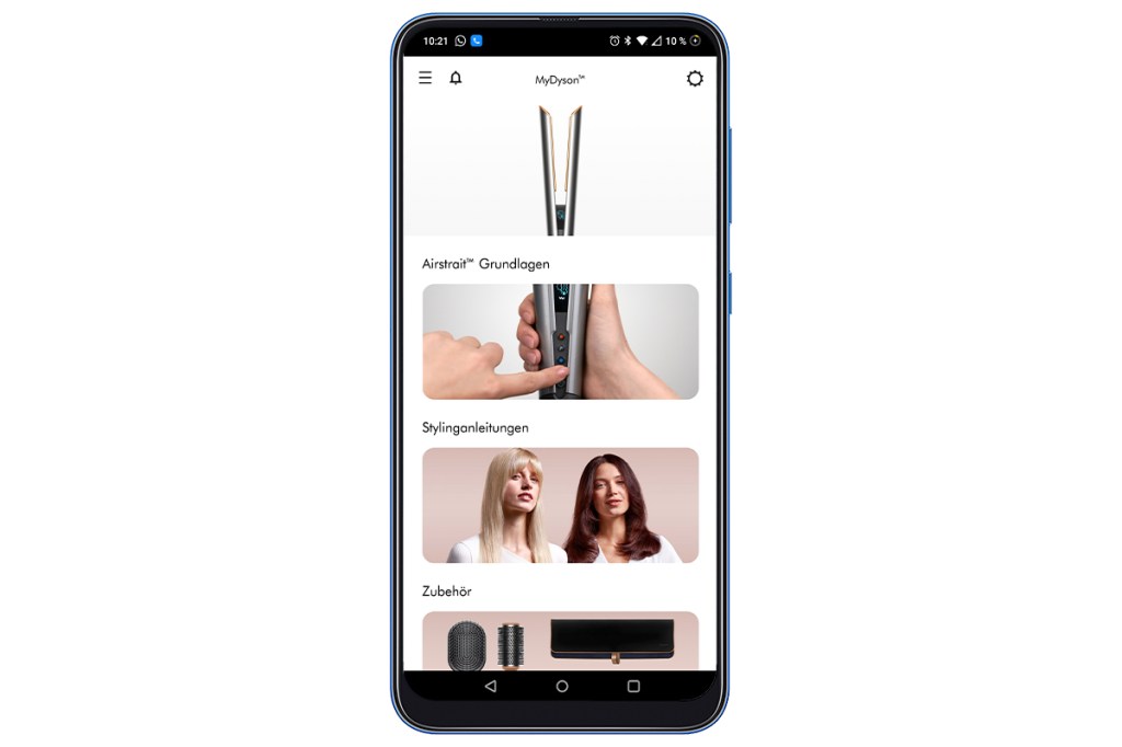 Ein Screenshot der Dyson-App auf einem Smartphone auf weißem Hintergrund.
