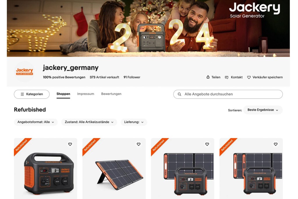 Ein Screenshot des Ebay-Restores mit dem Shop von Jackery.