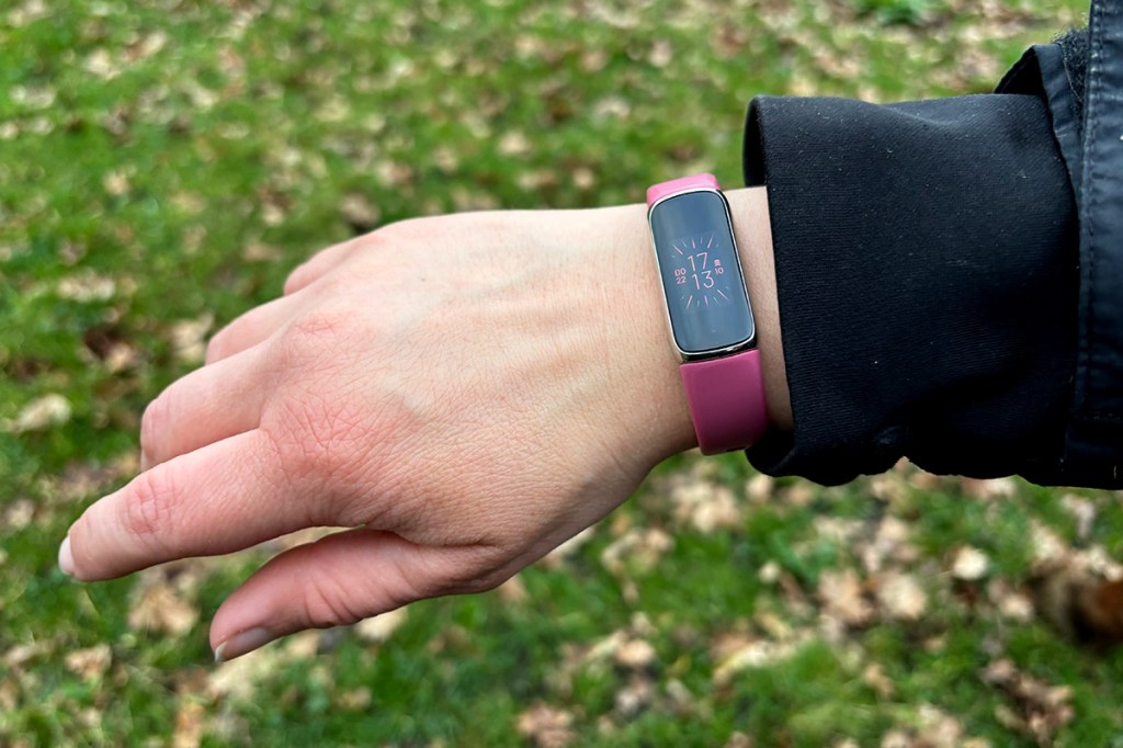 Foto einer Frauenhand, mit dem Fitness-Tracker Fitbit Luxe am Handgelenk. Im Hintergrund eine Wiese.