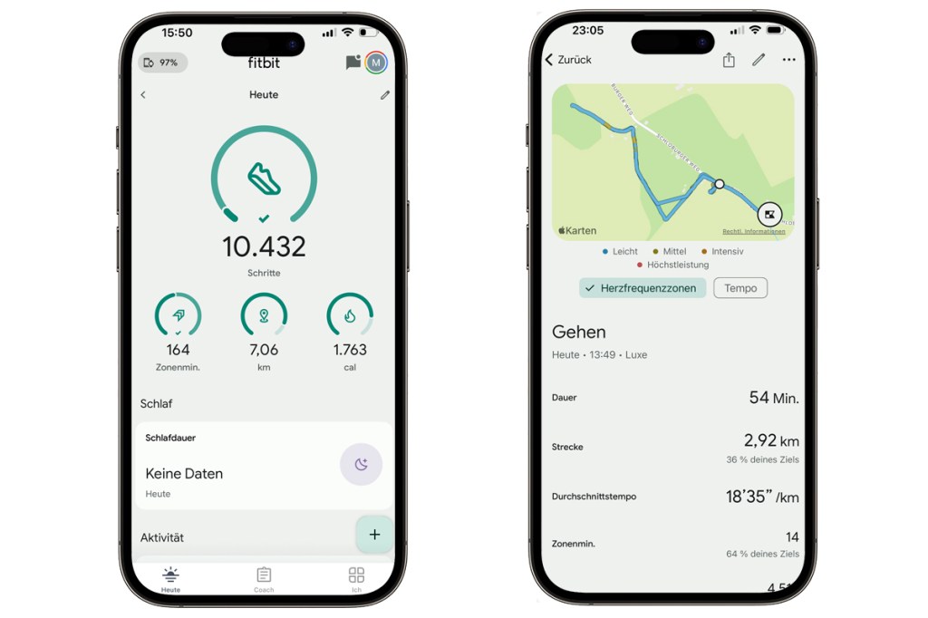 Zwei Bilder aus der Fitbit-Smartphone-App. Zu sehen sind die täglichen Schritte und eine Laufstrecke.