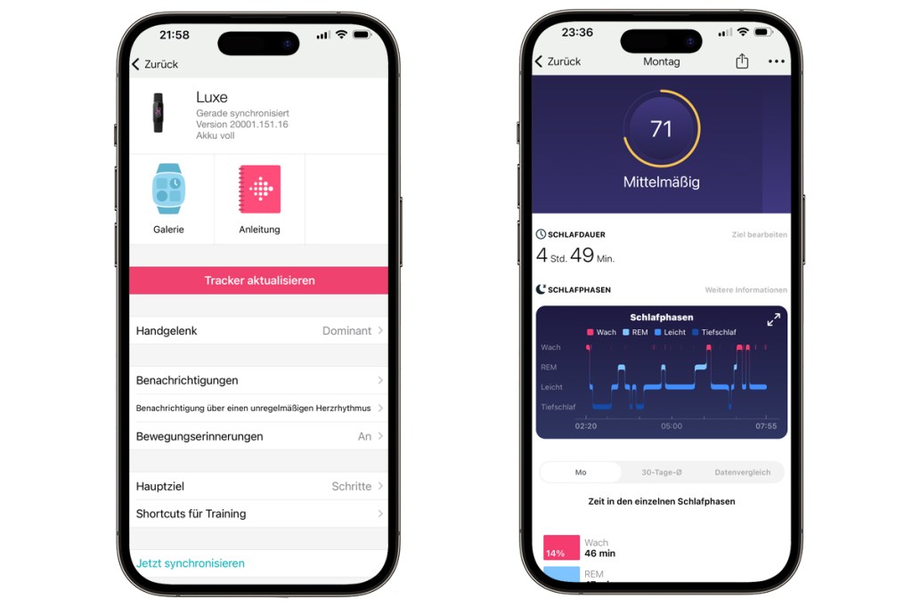 Zwei Bilder aus der Fitbit-Smartphone-App. Zu sehen sind das Menü und das Schlaftracking.