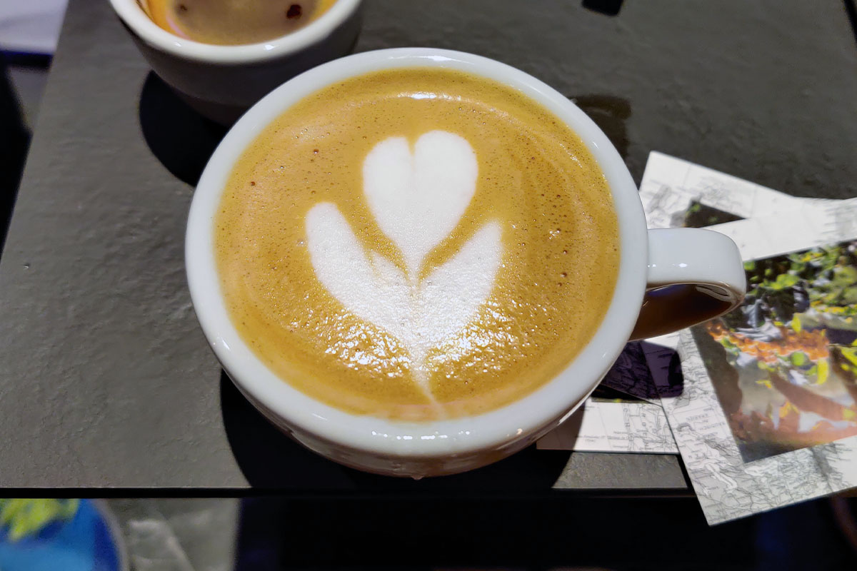Ein Cappuccino mit Schaum-Kunst in Form einer Tulpe.