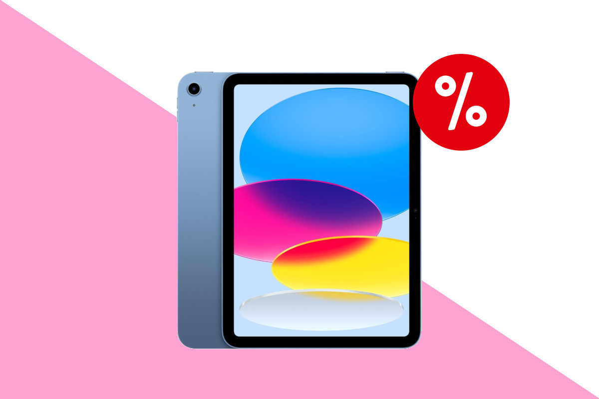 Blaues iPad 10 von vorne und hinten frontal mit bunten kreisen auf Bildschirm auf pink weißem Hintergrund mit rotem Prozentbutton oben rechts