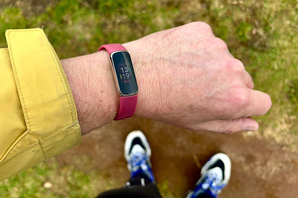 Der Fitnesstracker Fitbit Luxe, am Arm getragen.