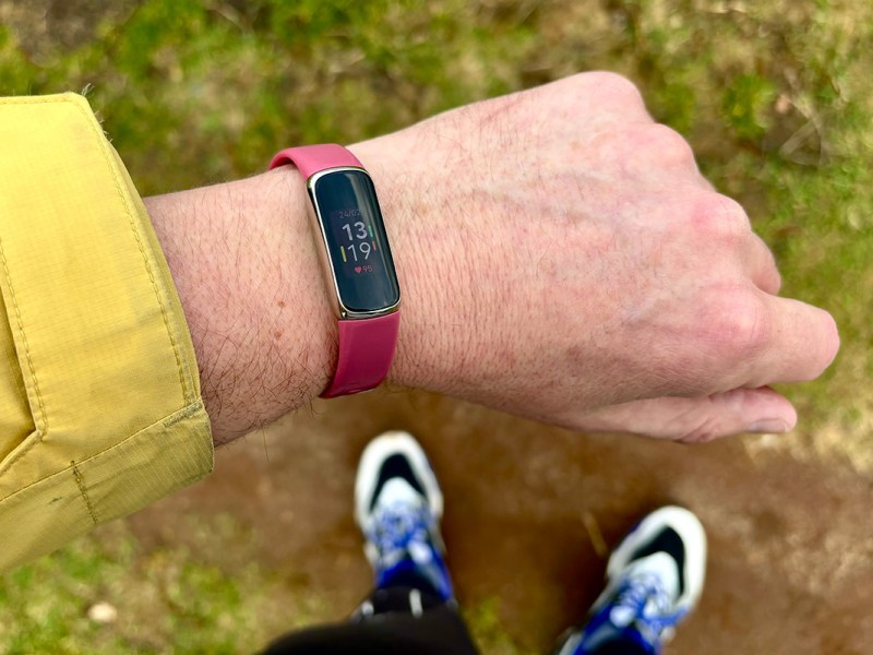Der Fitnesstracker Fitbit Luxe, am Arm getragen.