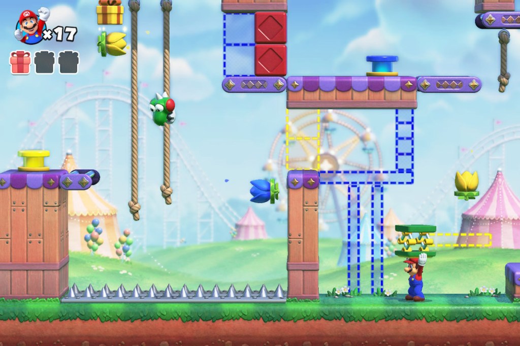 Un'immagine dal videogioco Mario vs. Donkey Kong, che mostra Mario che trasporta un trampolino.