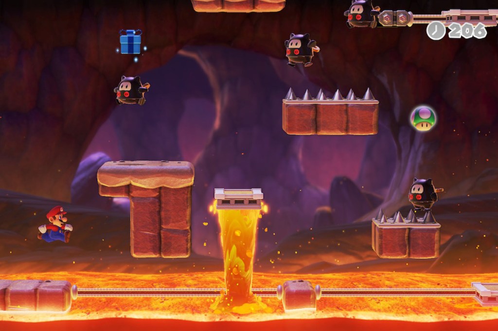 Ein Bild zum Videospiel Mario vs. Donkey Kong, es zeigt ein Lava-Level.