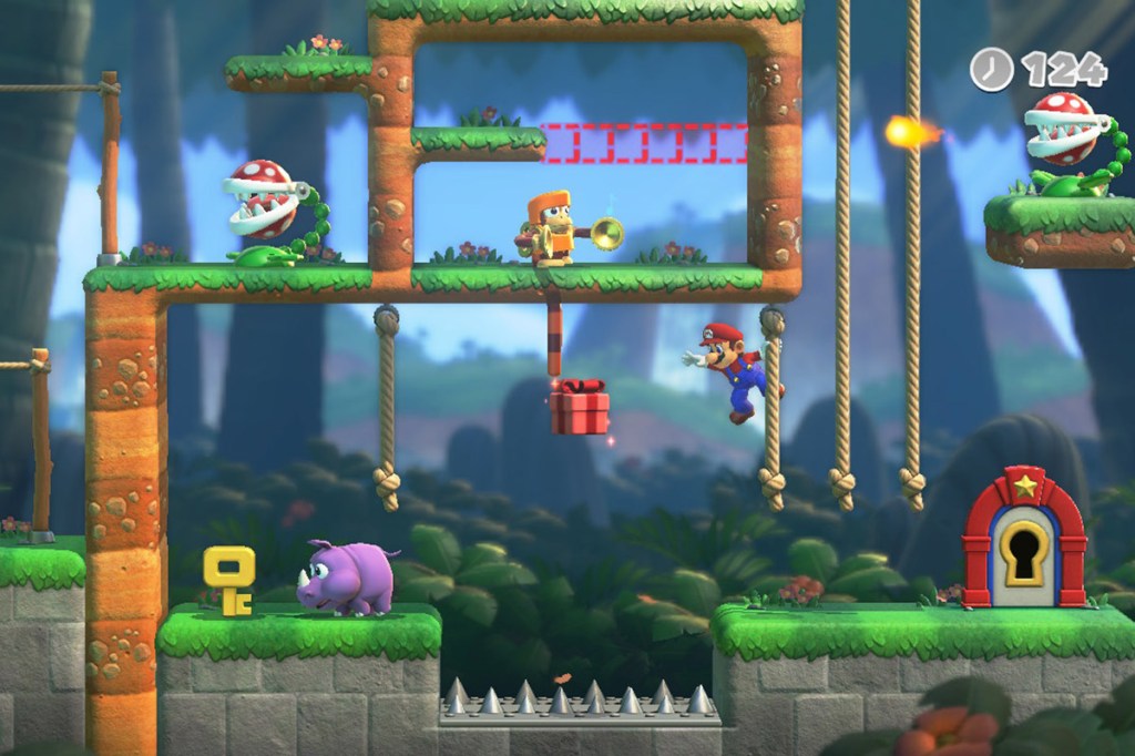Un'immagine del videogioco Mario vs. Donkey Kong, che mostra Mario, una scimmia meccanica e una pianta in vaso a crescita rapida.