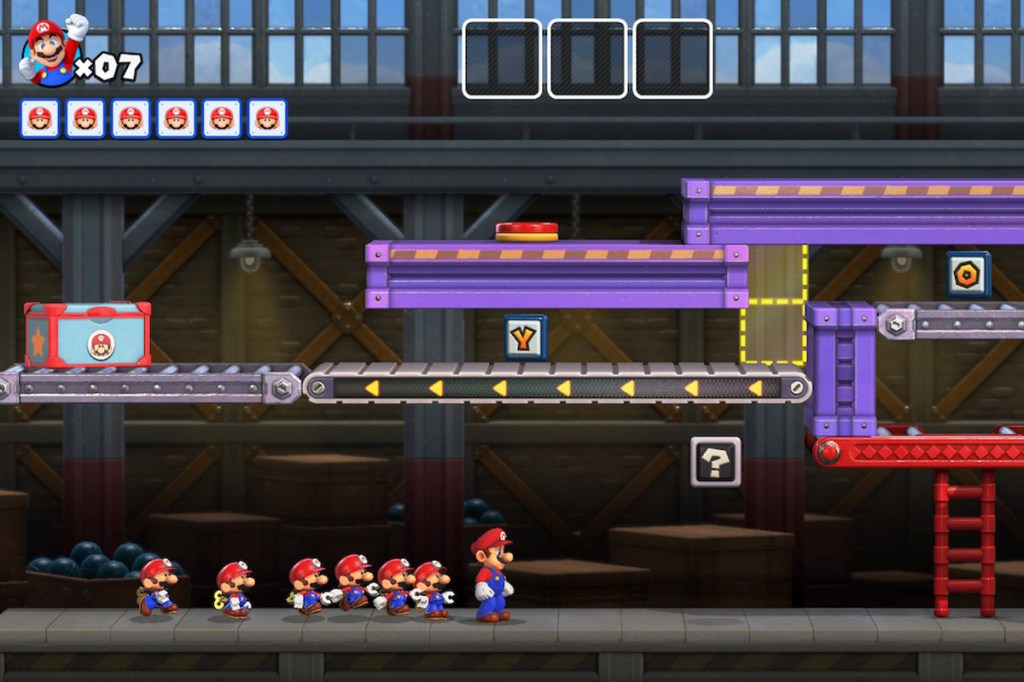 Ein Bild zum Videospiel Mario vs. Donkey Kong, es zeigt Mario mit sechs kleinen Mini-Marios im Schlepptau.