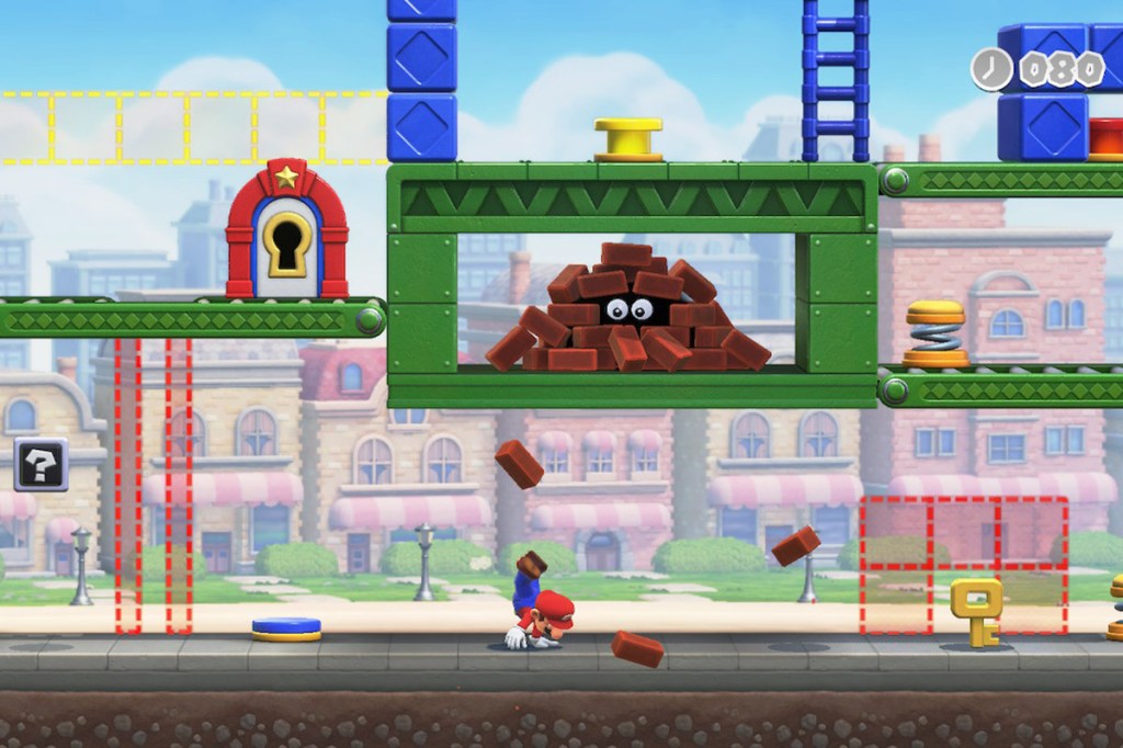Ein Bild zum Videospiel Mario vs. Donkey Kong, es zeigt ein Level, in dem Mario einen Kopfstand macht.