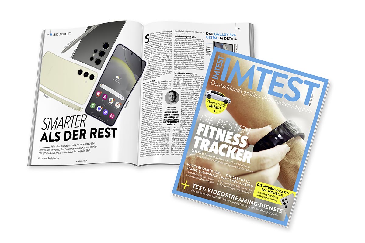 Cover der IMTEST-Ausgabe 2/24, man sieht einen Arm mit Fitnesstracker. Dazu eine Beispiel-Doppelseite mit Smartphones.