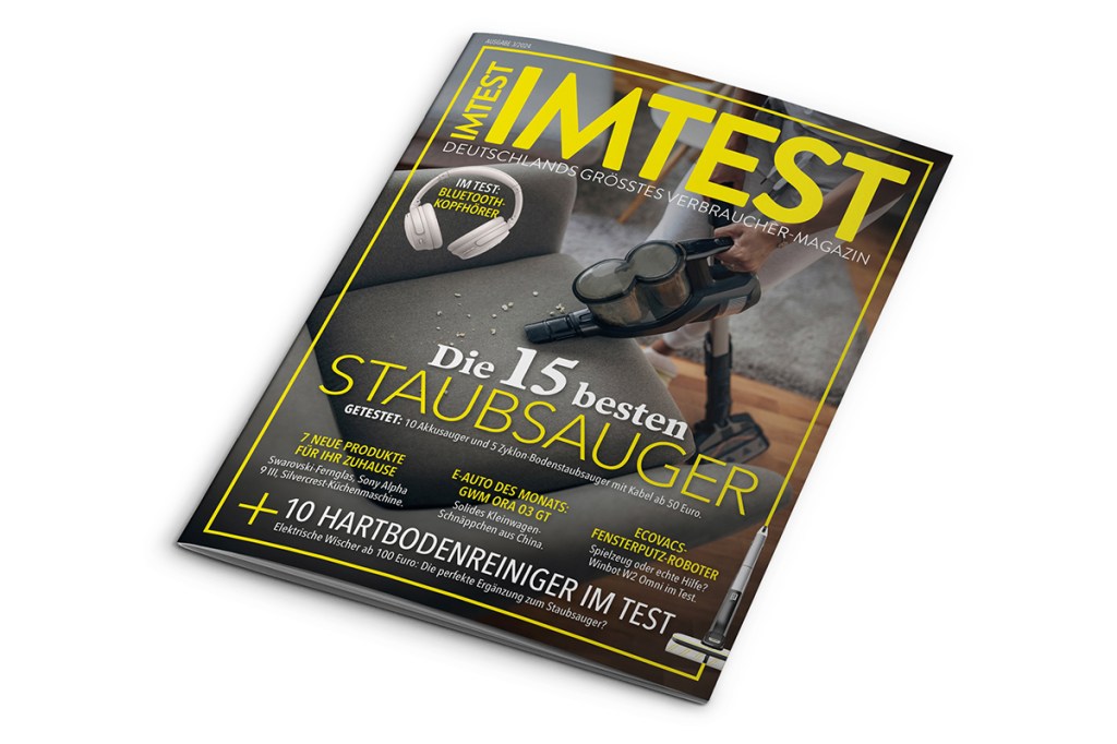 Cover der IMTEST-Ausgabe 02/24, zu sehen ist ein Akku-Sauger in Aktion.