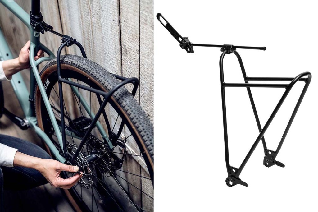 zweigeteiltes Bild: Links: Hinterrad eines FAhrrads, an dem eine Hand einen Gepäckträger montiert, rechts Produktshot Gepäckträger